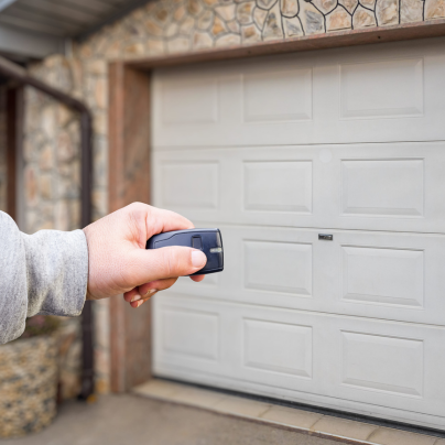 Tulsa security key fob pointing to a garage door